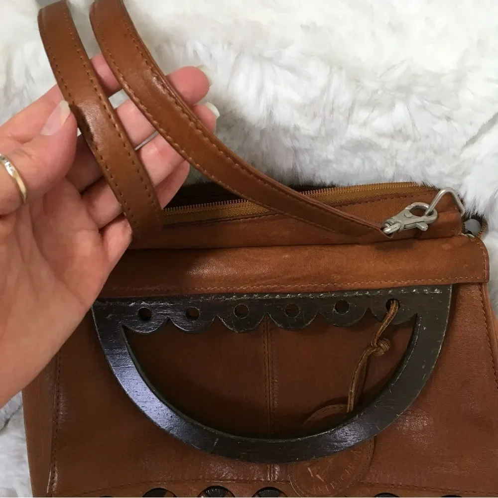 American Angel Womens Genuine Leather Wood Handle Shoulder Crossbody Bag Brown